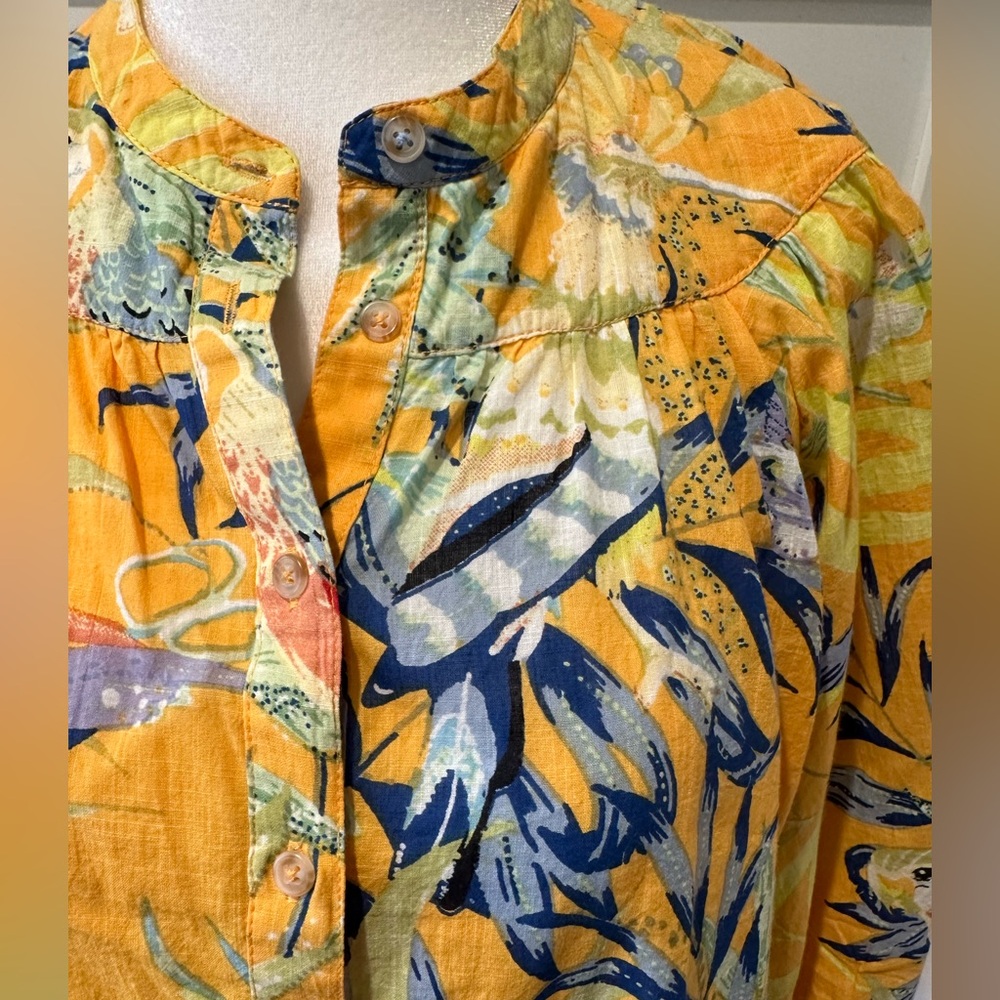 Maeve Size XS yellow tropical print cotton blouse. Front and cuff buttons - Picture 3 of 13